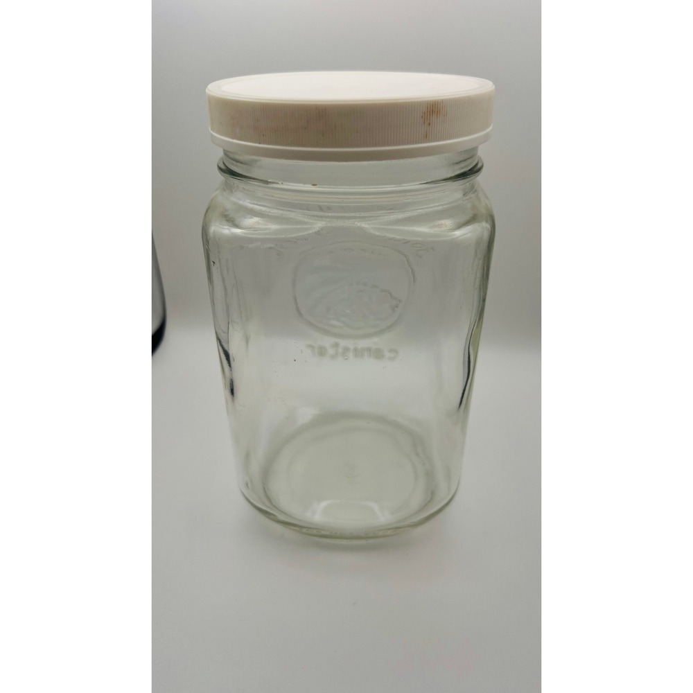 Golden Harvest Glass Canister Clear Embossed Cornucopia Jar  White Lid 7.25in